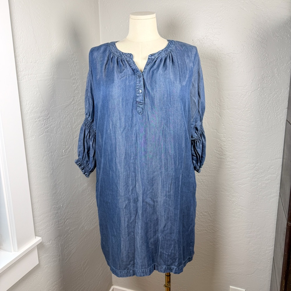 The Pioneer Woman Denim Blue Chambray Lyocell Smocked Sleeve Dress Size L